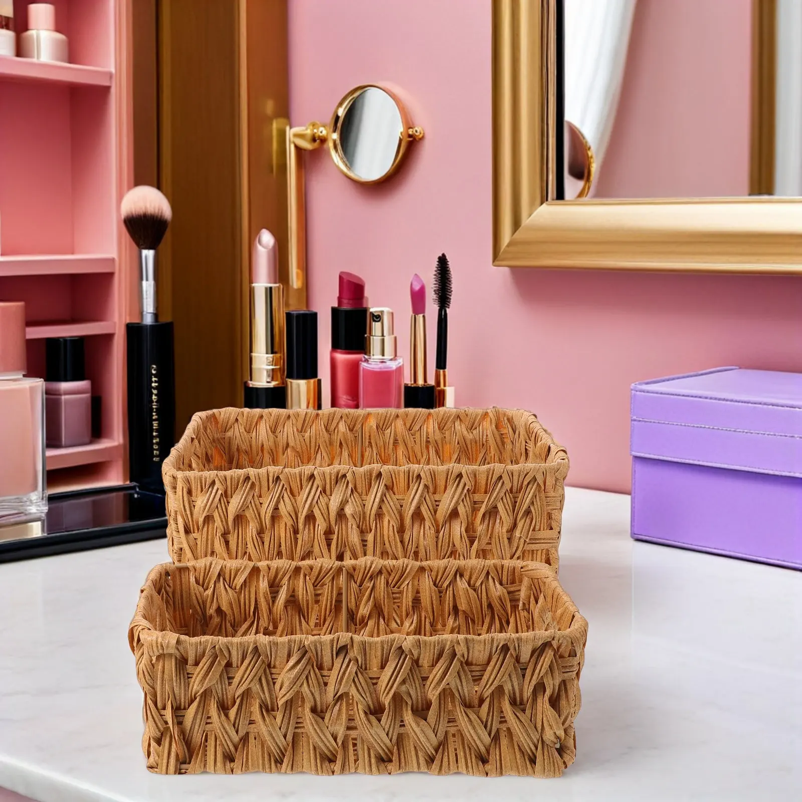 2Pcs Imitation Rattan Beige Woven Desktop Storage Baskets Handwoven Organizer for Cosmetics Stationery Bathroom Portable Small