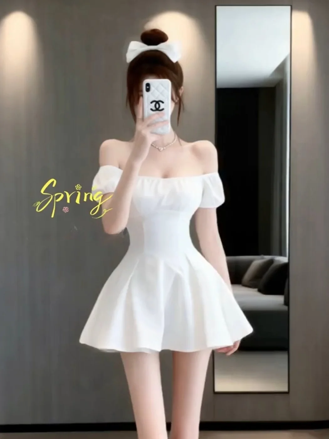 

Pure Desire White One-Shoulder Short-Sleeve Dress Women's Summer New Style Slimming A-Line Skirt Sexy Girl Waist-Cinching