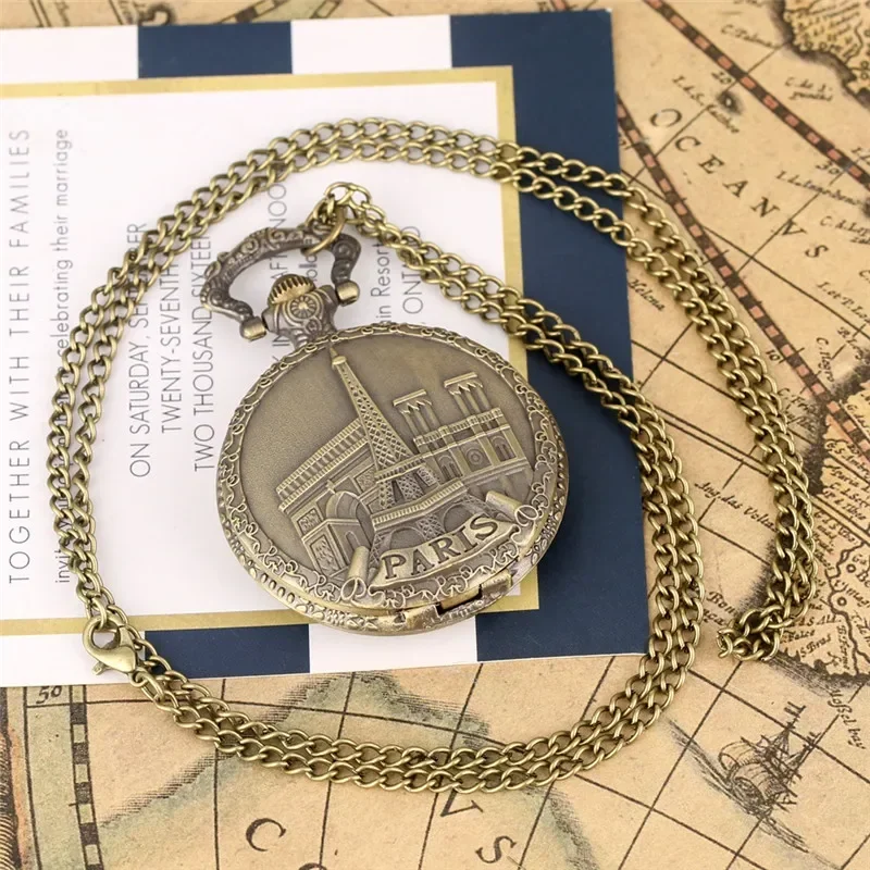 Classic Eiffel Tower Paris France Building Arabic Numeral Men Women Quartz Pocket Watch Necklace Pendant Chain Clock Souvenir