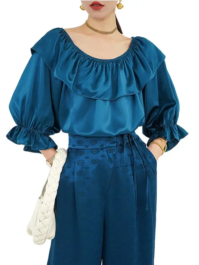 

Vintage Women Acetic acid satin Blouse 2023 Spring Summer Sexy Off Shoulder Slash Neck Shirts Female Korean Chic Ruffles Tops
