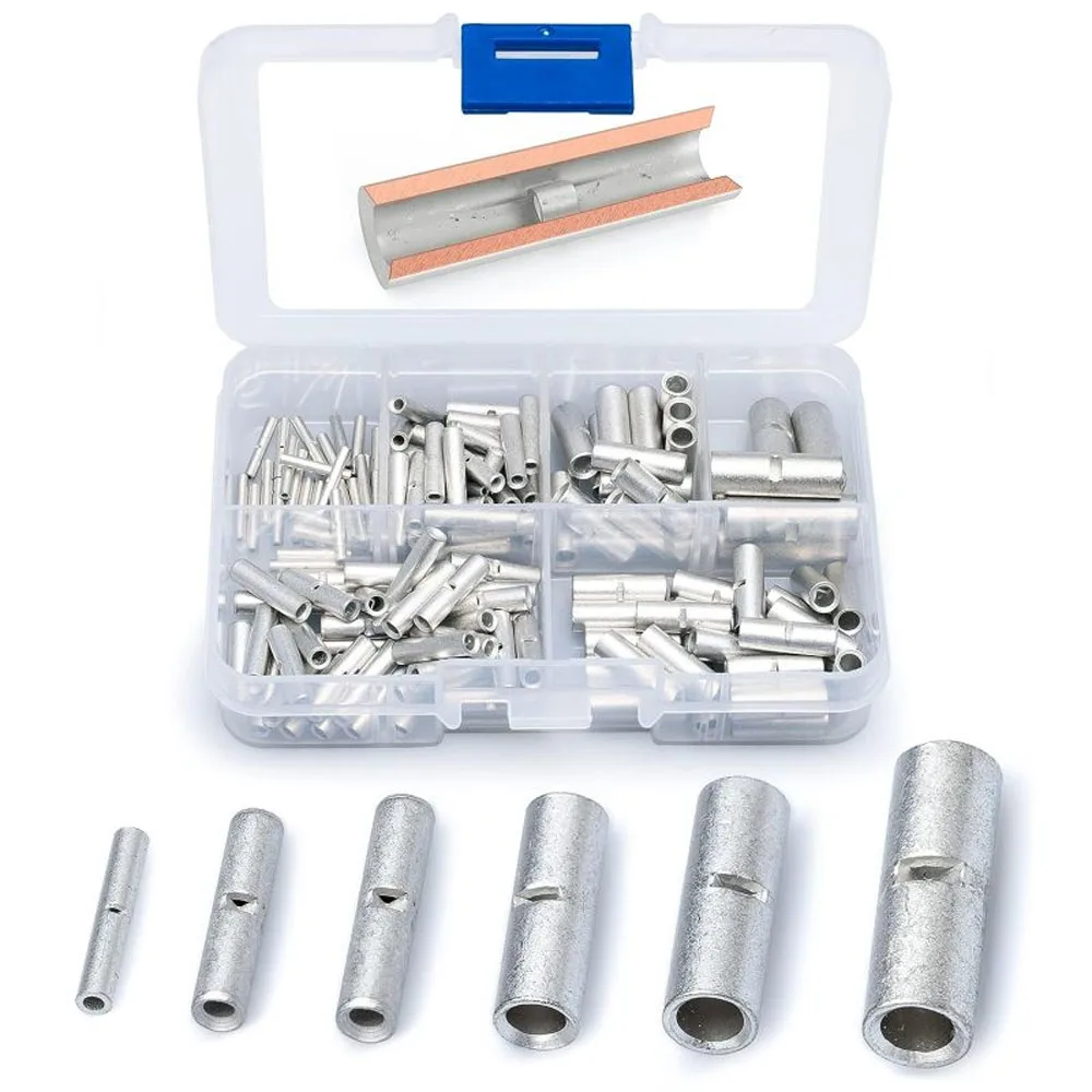 

100PCS Non Insulated Butt Connectors Kit AWG 24-8 Uninsulated Crimp Butt Connectors Pure Copper Tin Coated Crimp Terminals