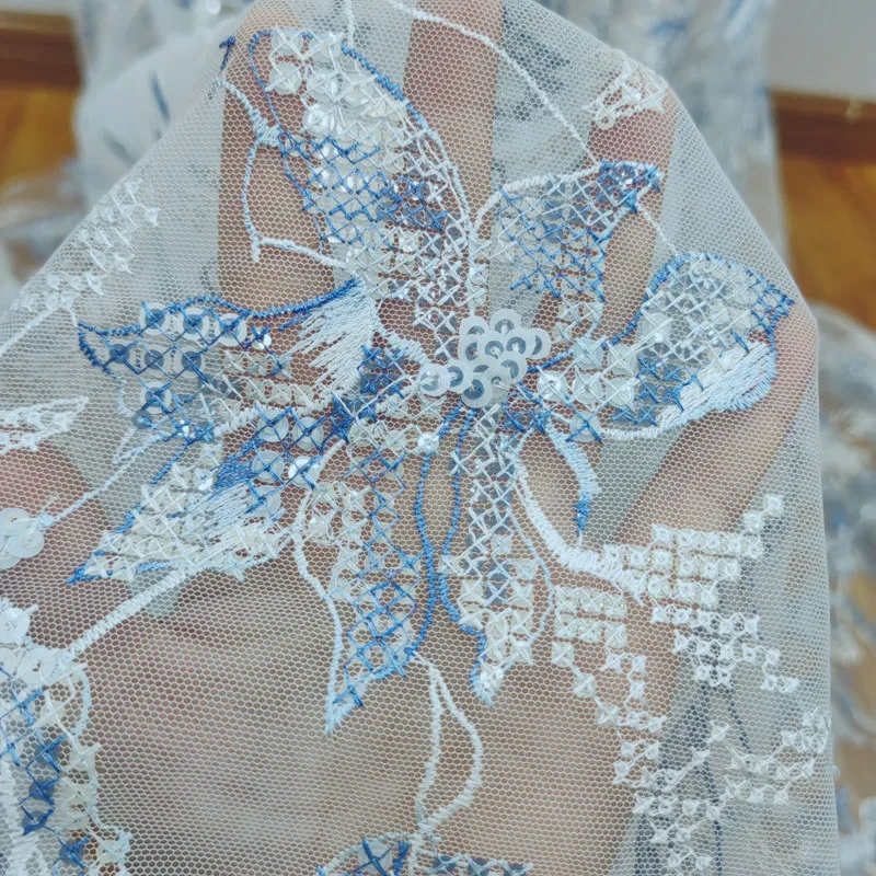 New Design Beaded Applique Soft Lace Netting Fabric Wedding Dress Trims DIY