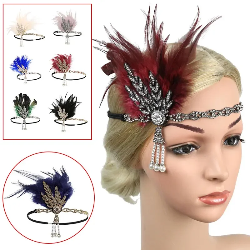 1920s Vintage Feather Flapper Gatsby Headband Rhinestone Pearl Metal Chain Charleston Party Bridal Headpiece Carnival Accessorie