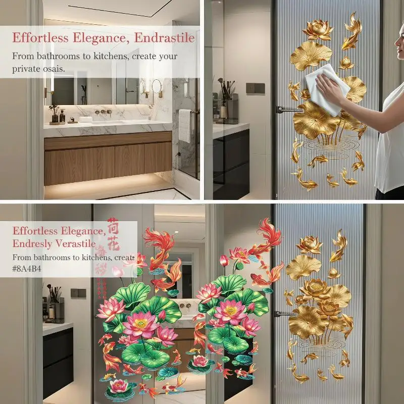 2Pcs Koi Flower 3D Wall Stickers Anti-static Golden Lotus PVC Decals for Housewarming Gift Home Decor