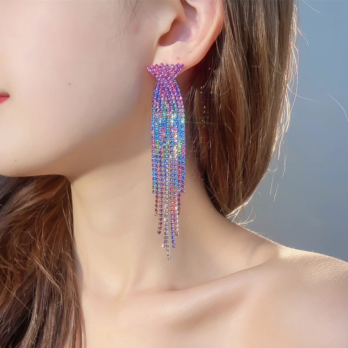 Long Crystal Tassels Earrings For Women Luxury Glitter Water Drop Earrings Red/Black/Blue/Gray Gradient Earrings Jewelry