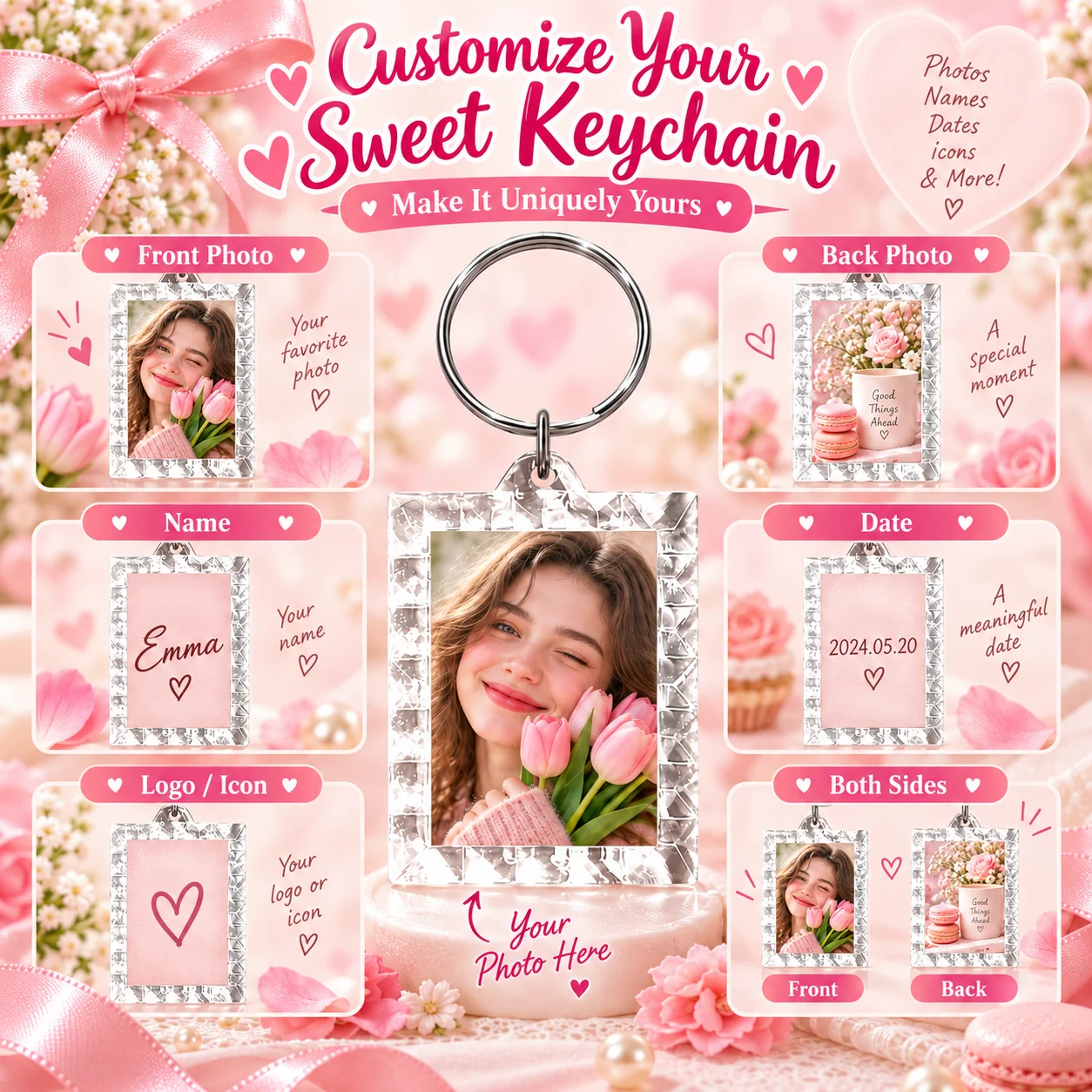 Custom Plastic Box Keychain Lace Double Sided Printing Sweet Style Personalized Photo for Bag Purse Charm Gift