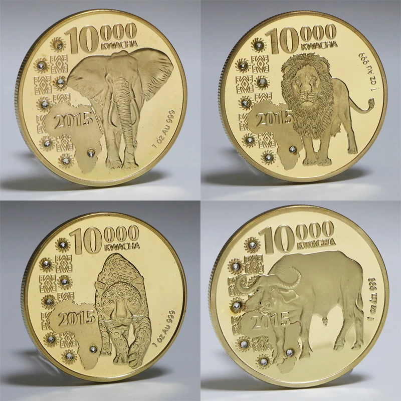 2015 Zambia 1oz.999 Animal Gold Coin Leopard Elephant Lion Buffalo 10000 Kwacha Gold Plated Replica Souvenirs Coins Collection