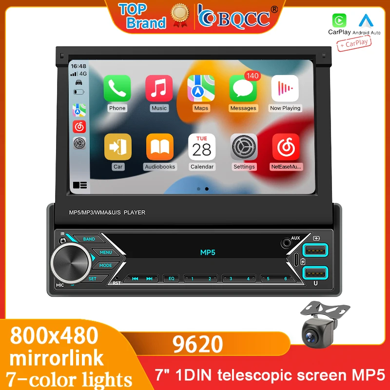 

BQCC 7 Inch 9620 Single Din Retractable MP5 Player Wired Mirror Link Type-C+USB Dual Charging 7 Color Light FM AUX Bluetooth