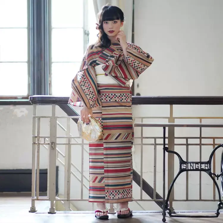 High-Quality Cotton Women's Yukata - Retro Stripe Pattern Kimono