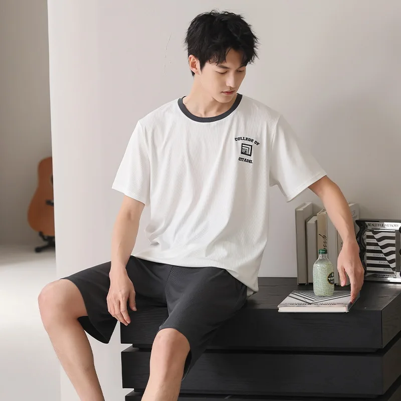 Ice Silk Cool Nightwear for Men Short Sleeves Shorts Homewear Summer Pajamas Set Male Youth Boy Sleepwear Big Size L-3XL Pyjamas