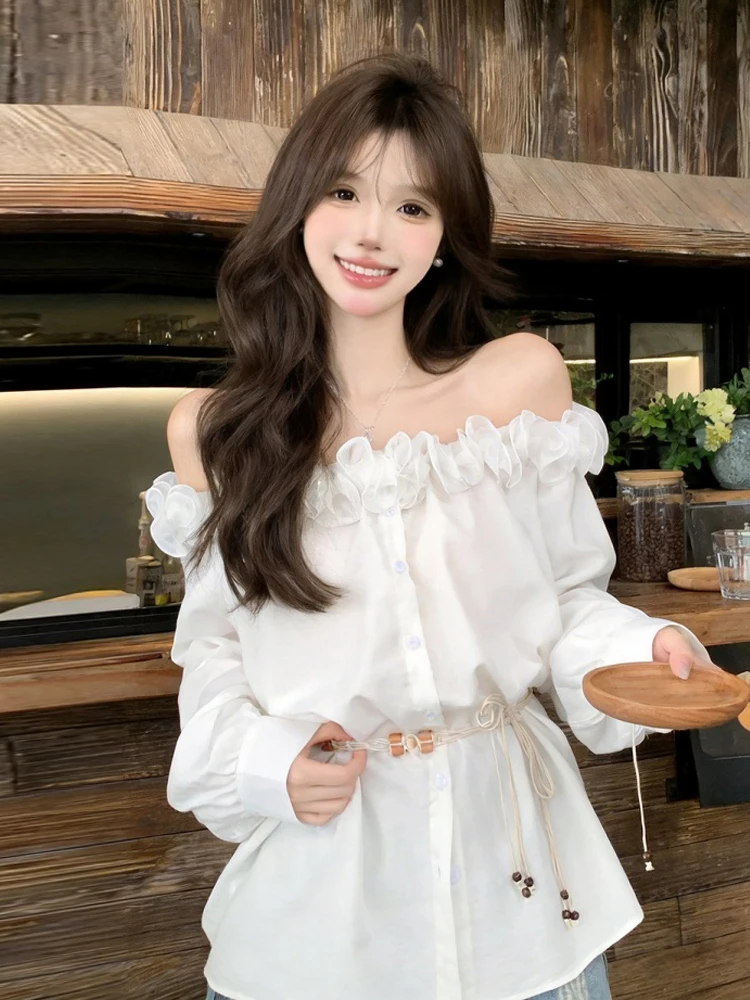 White Lace Trim Splice Long Sleeve One Shoulder Buttoned Shirt Gentle Versatile Slimming Commuting Top for Young Women