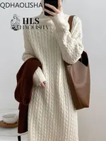 Winter Women's Sweater Dresses Korean Version Casual Commuter High Collar Loose Thickened Warm Pullover Long Dress Women Clothes