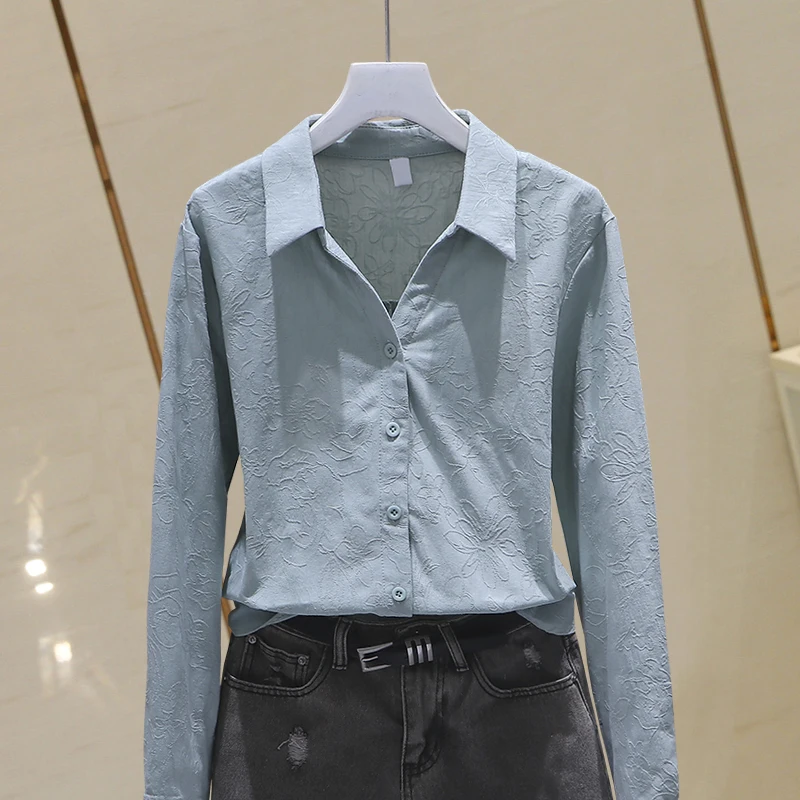 

Autumn 2024 Korean Style Floral Embroidery Cotton Long Sleeve Women's Base Shirt Versatile Pure Color Collar Button up
