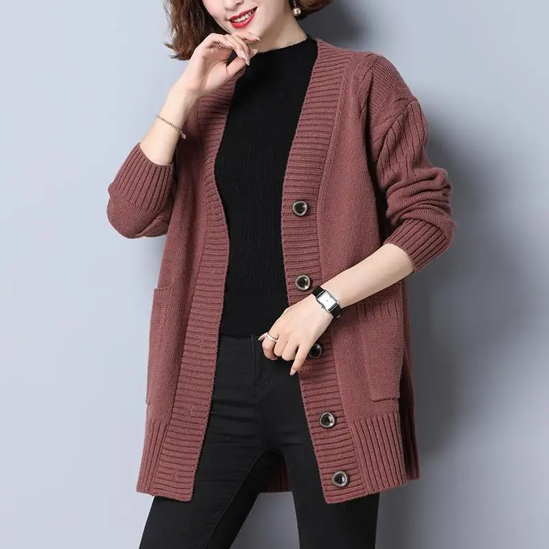 Autumn Winter Long All-match Fashion Women Sweater Coat Pockets Button Long Sleeve V-Neck Warm Loose Solid Casual Knit Cardigans