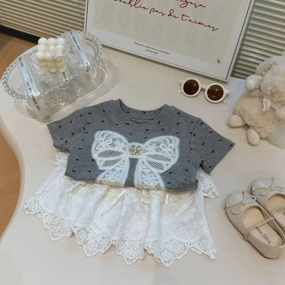

Summer Children's Fashionable Two-Piece Set Bow Lace Cake Skirts Girls Outfit Cute Toddler Girl Clothing Set