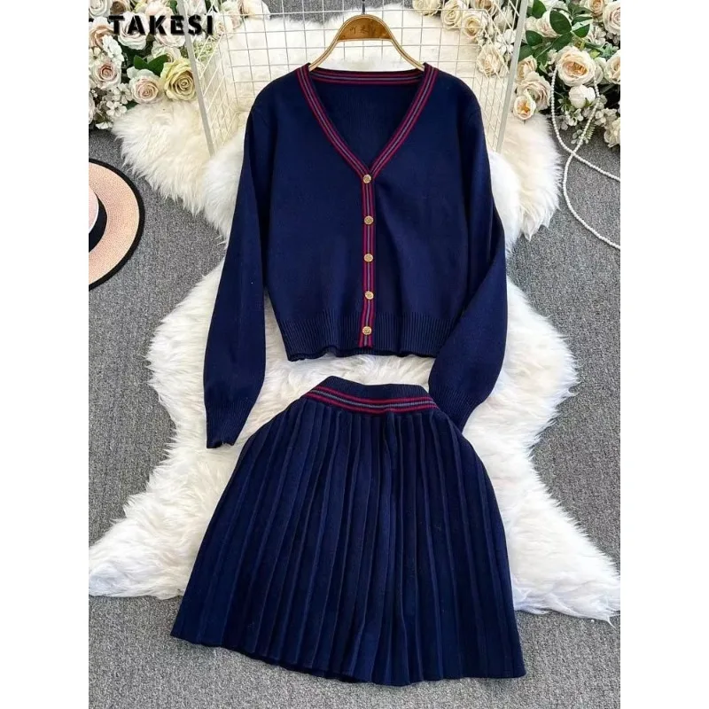 2024 Autumn Vintage Elegant Style 2 Piece Set Women V-neck Cardigan + Pleated Skirt Office Lady Two Piece Skirt Set Outfits