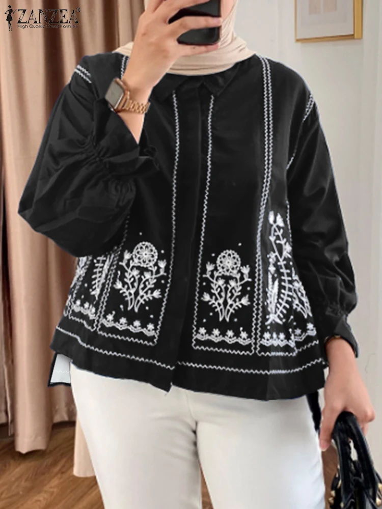 Zanzea moda muçulmana hijabis camisas vintage étnico floral impressão manga longa alta-baixa chemise islâmico modesto colarinho topos