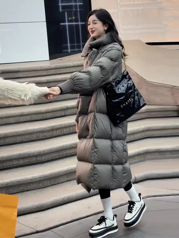 

Утепленное длинное белое пуховое пальто для женщин с воротником-стойкой, модное, теплое, верхняя одежда, новинка зимы 2025