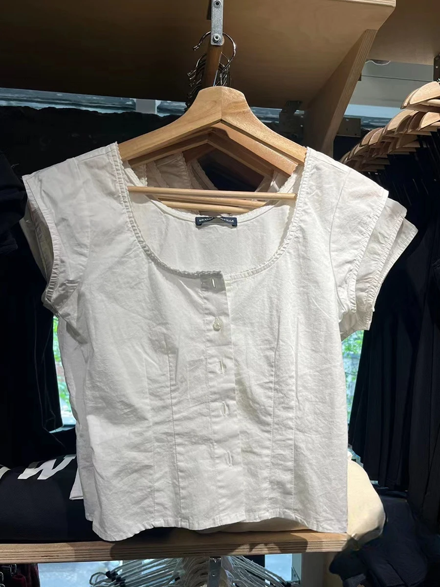 

Stitching White Slim Sleeveless T-Shirts Summer U Collar Single Breasted Cotton Casual Blouse Top Femme Preppy Style Y2k Tops