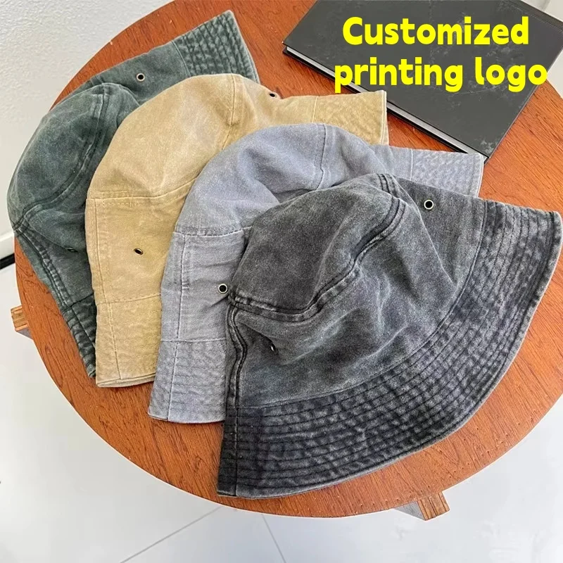 Customized printing logo washed fisherman hat for couples, fashionable vintage basin hat, breathable solid color thin design