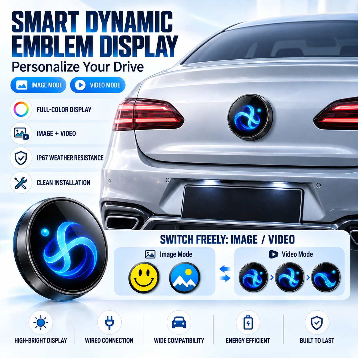 Dynamic LED Full-Color Smart Car Badge, Customizable Trunk Decoration, Compatible with Mercedes-Benz Models