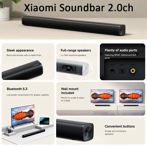 Imagen 2 del producto Xiaomi Xiaomi Soundbar 2.0ch altavoz inalámbrico Bluetooth 5,3 altavoces de rango completo reproducción de música para PC TV altavoz inalámbrico