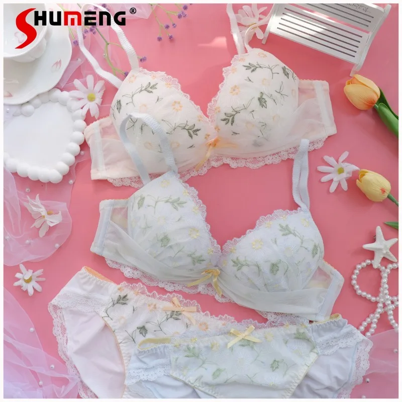 

Женский удобный бюстгальтер с вышивкой, комплект нижнего белья для девочек в японском стиле, женское сетчатое нижнее белье с цветочным принтом, короткие комплекты