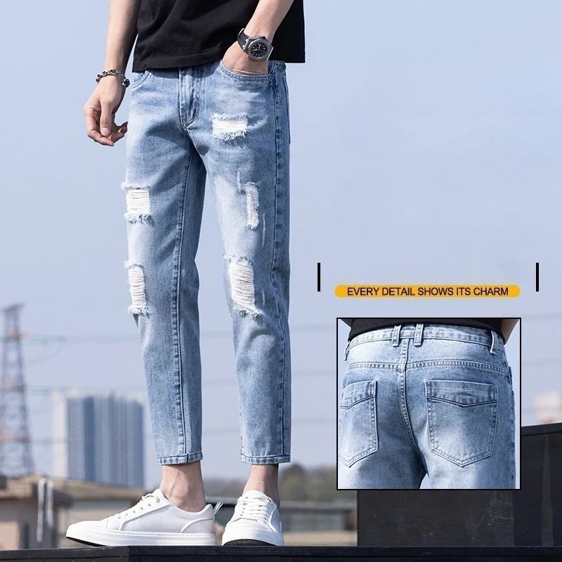 

Men's Jeans Ripped Nine-point Length Casual Loose Fit Slimming Effective Branded Mid-tone Straight Leg Denim Trousers Trendy
