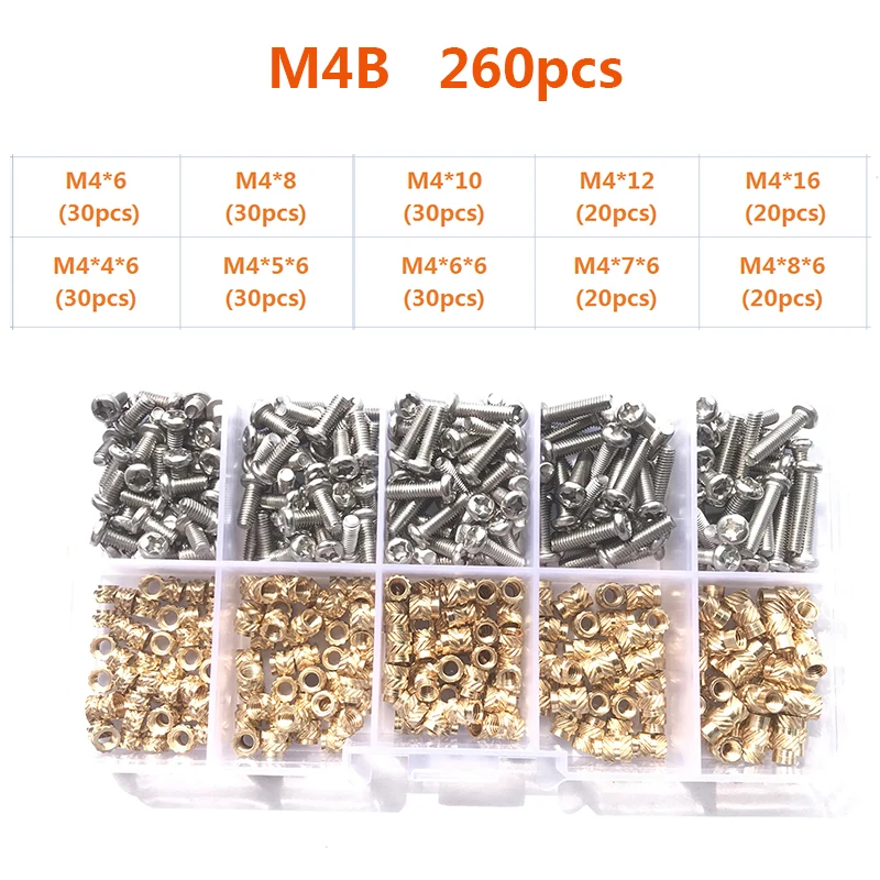 Messing-Einsatzmutter und Schrauben-Sortiment-Set, 260–500 Stück, M2, M3, M4, Hot-Melt-Einsatz, Rändelmutter, Injektions-Einbettungsmutter für 3D-Drucker