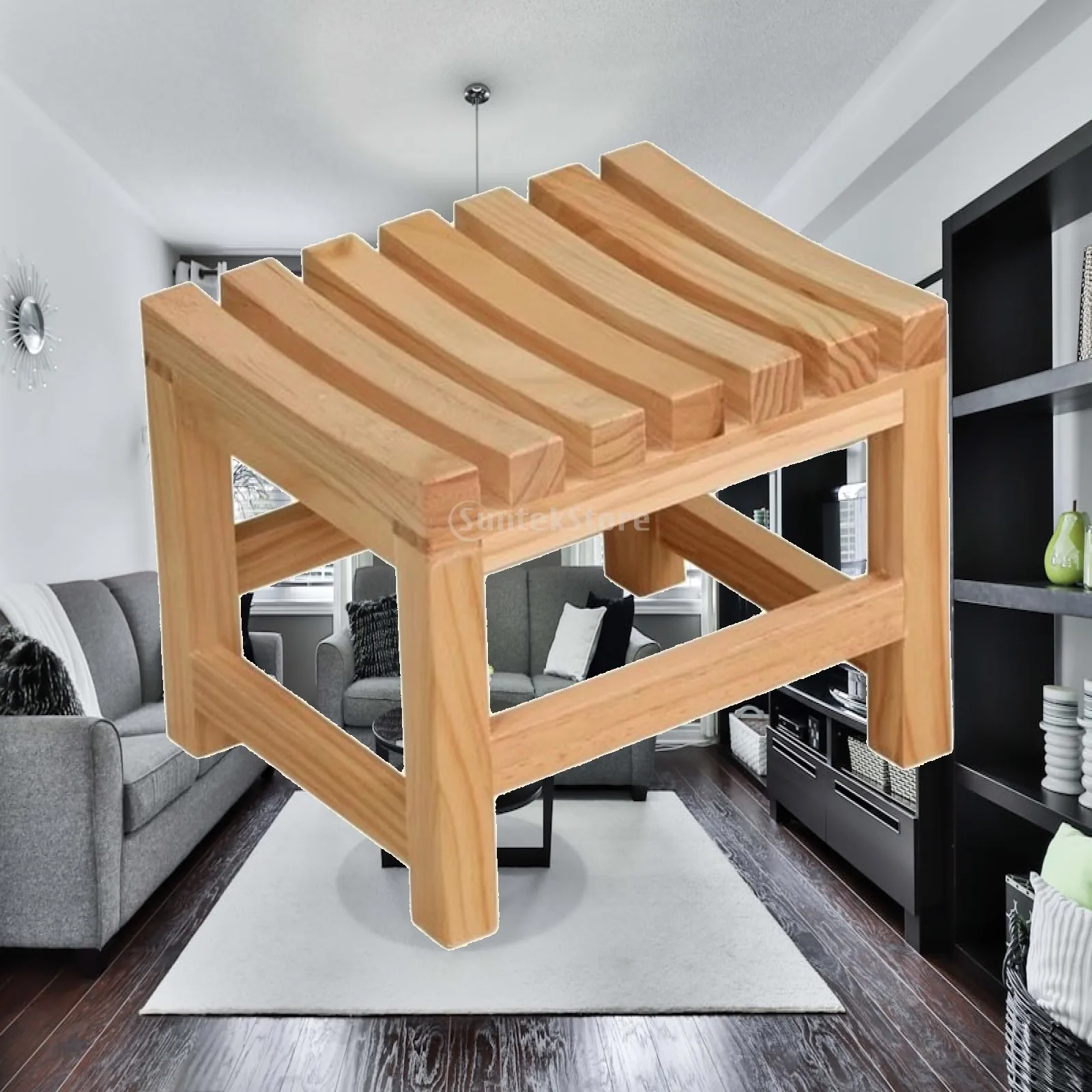 Bath Stool with Slatted Seat Waterproof Wooden Washroom Stool dampnessResistant for Bathing, Grooming