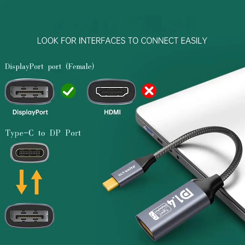 USB C to Displayport 1.4 Adapter 8K for iPhone Macbook Pro iPad Bidirectional 8K60Hz 4k240Hz DP1.4 to C Adapter Cable extender