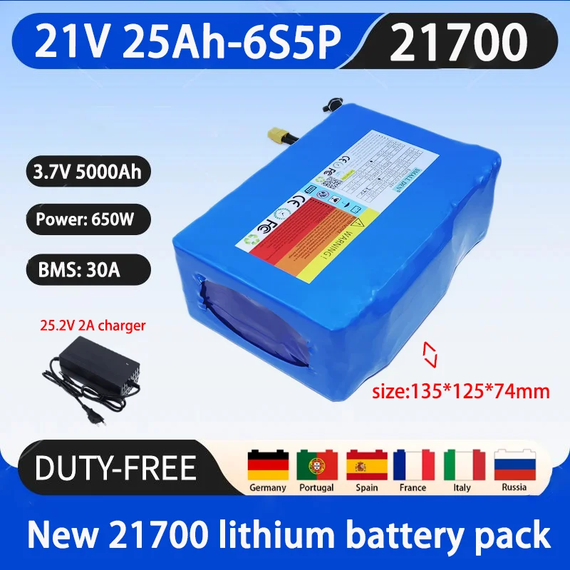 

new 21V 25Ah 21700 Lithium Battery Pack A-level Battery Cells Long Endurance 30A BMS 650W High Power Battery+25.2V 2A Charger