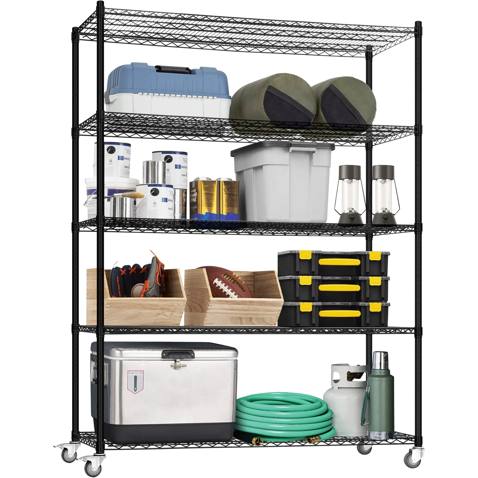 

5 Tier Shelf Organizer Storage Rack Adjustable Height Heavy Duty Steel Garage Shelving Unit with Wheels Black Storage Shelf