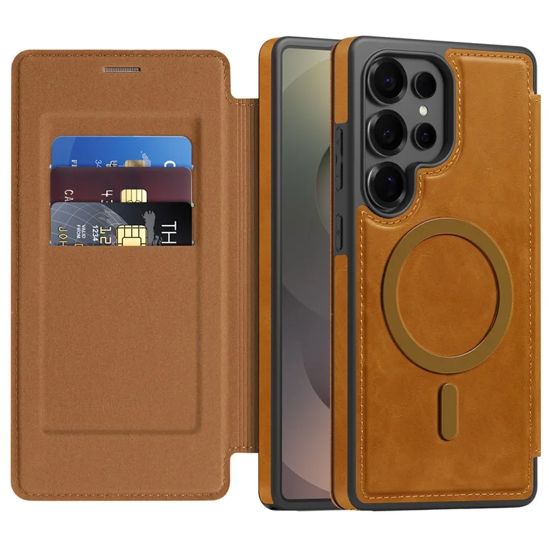 

Флип-чехол-кошелек с беспроводной зарядкой для Samsung Galaxy S25 Ultra S25Edge S22 S23 S24, кожаные слоты для карт в стиле ретро, магнитная обложка для книги