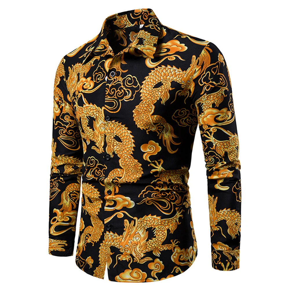 

Fashion Men\\\\\\\\\\\\\\'s Chinese Dragon Printed Shirts Spring Autumn Tops Formal Casual Long Sleeve Lapel Collar Shirt Male