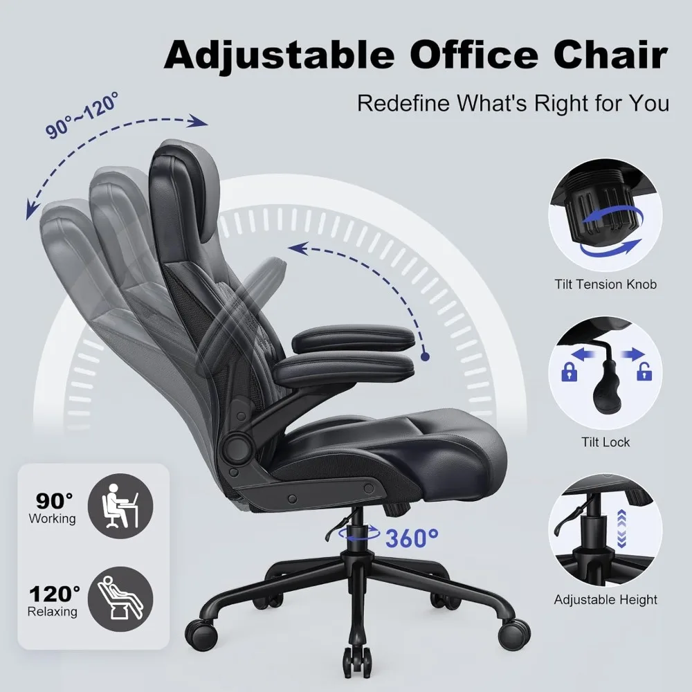 Ergonomic Large Office Chair with Lumbar Support and Flip-up Armrests, Heavy-duty PU Leather Computer Desk Chair, Black