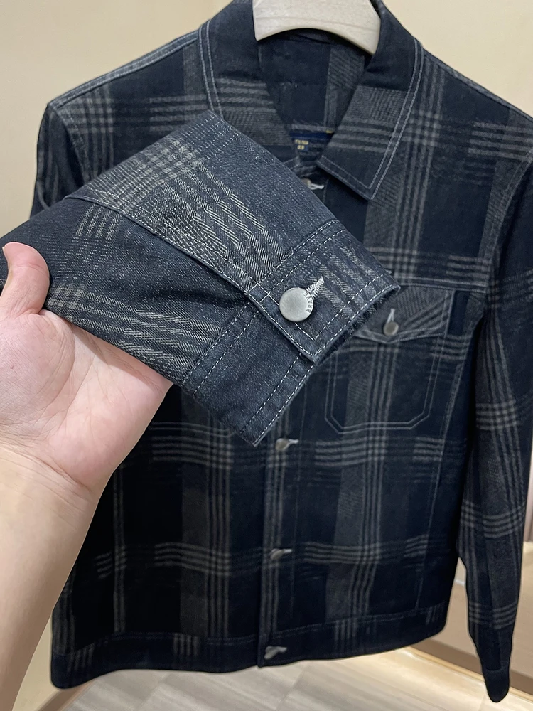 

H Series Casual Sle Men's Denim Jaet Autumn Leisure Plaid Cotton Stand Collar Jaet Ele Faionable Workwear