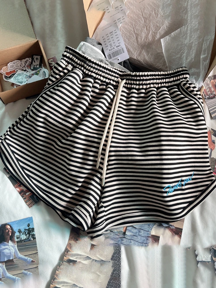 

Letter Embroidery Drawstring Shorts Summer Striped High Waist Cotton Straight Sweatpants Women Streetwear Casual Sports Shorts