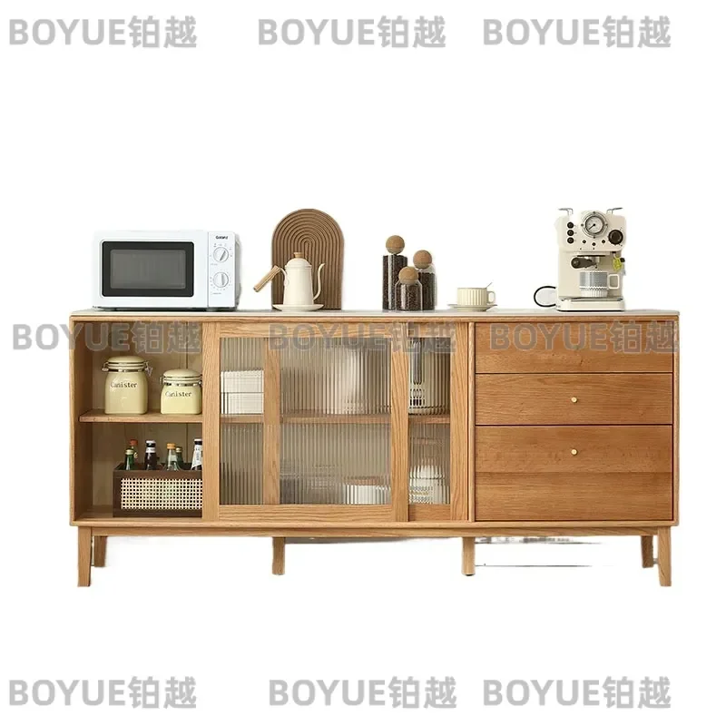 Solid Wood and Sintered Stone Double Sideboard Modern Minimalist Oak Dining Storage Cabinet High Buffet Server for Living