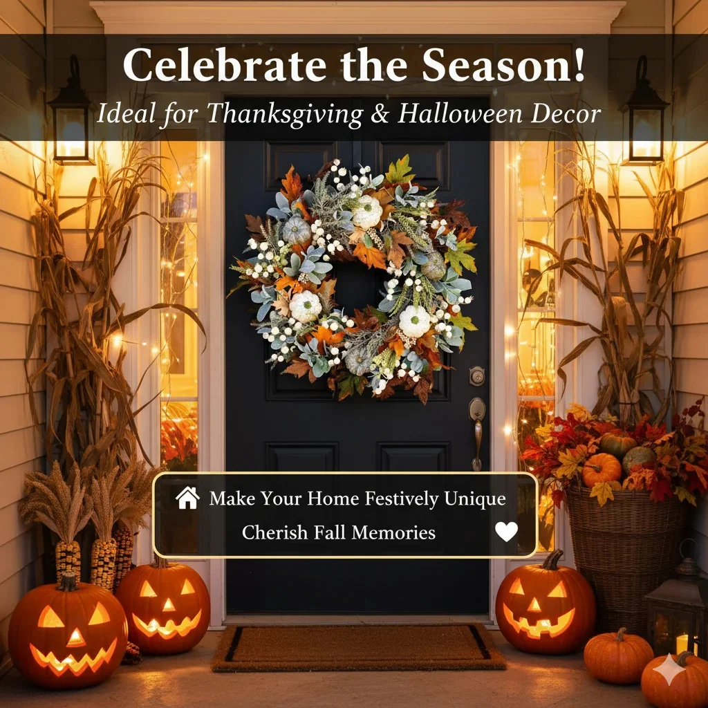 

Handcrafted Fall Door Wreath With Pumpkins, Berries Maple Leaves, Autumn Harvest Decor Halloween Porch Entryway Seasonal Display