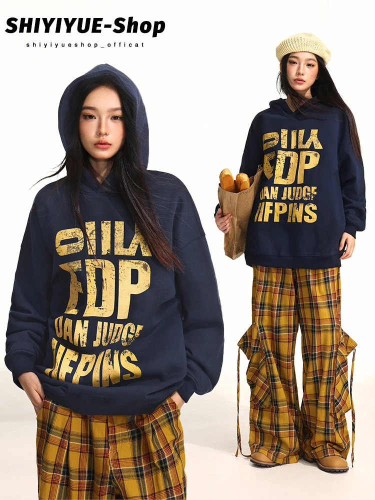 

iyue American Retro Hoodie Women's Loose Casual Couple's Jaet Large Slogan Print Autumn Winter Streetwear Sweatirt