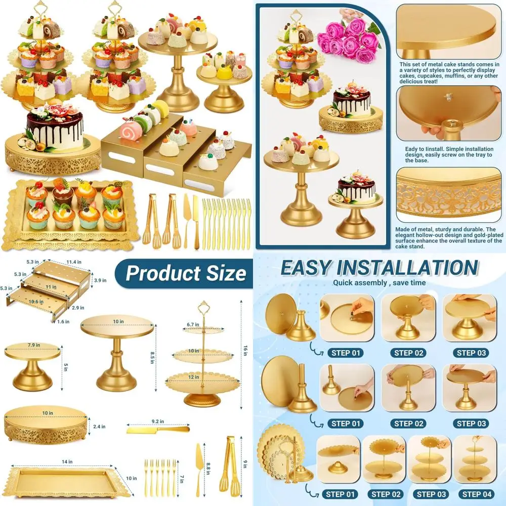 

Audub Metal Gold Dessert Table Display Set with Cake Stands, Cupcake Stand, Dessert Tray, Risers, and Cake Cutting Tool