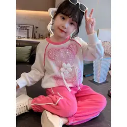 Kids Girls Spring And Autumn Set 2023 New Childrens Fashionable Little Bear Sequin Sweater Pants Children's Casual Two Piece Set