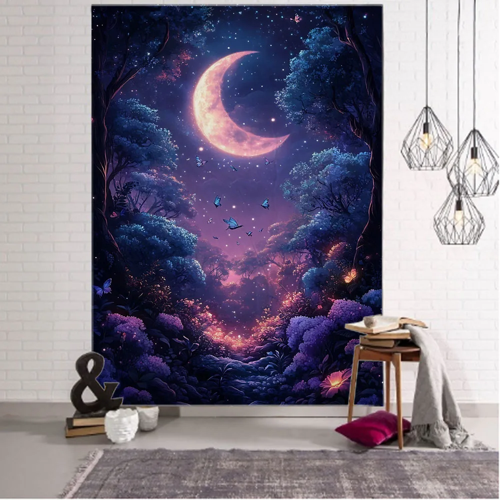 Fairy Tale Forest Hippie Tapestry Wall Hanging with Sun And Moon Multiple Sizes Available for Dormitory Home Decor Background Cl