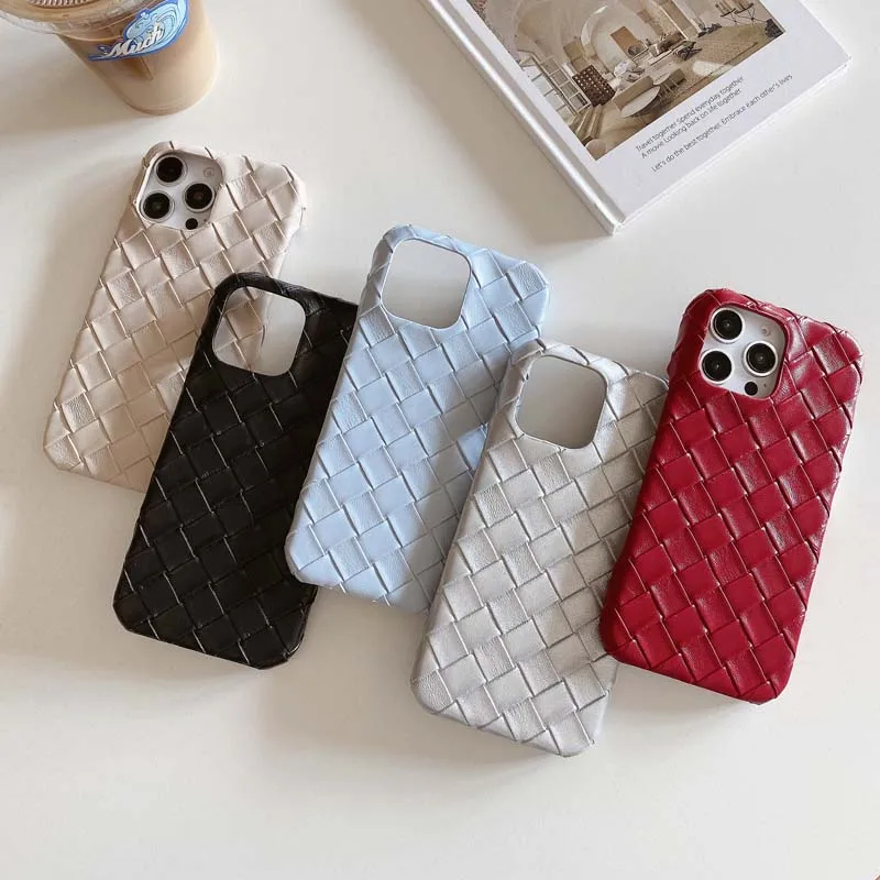 Luxury Braided Pattern Leather Cover for IPhone 16 15 14 13 Pro Max 16Pro 15Promax Soft Silicone Shockproof Back Case Caque