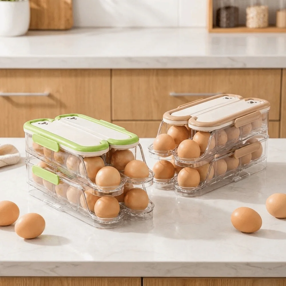 Food Grade Automatic Rolling Egg Container Transparent Stackable Large Egg Holder Large Capacity Space Saving Egg Storage Box