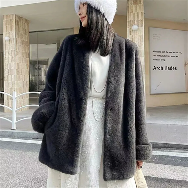 Faux Mink Fur Coat for Women,V-Neck Jacket,Thick Warm Female Clothes, Covered Button, High Quality,Autumn and Winter