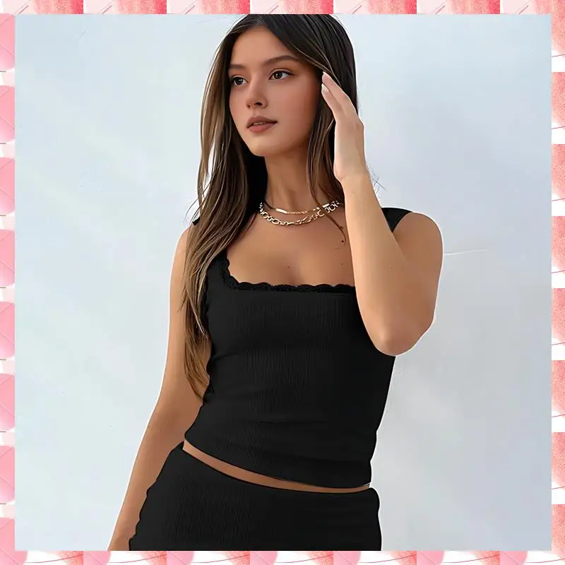 Canotte estive Y2k da donna con scollo quadrato e finiture in pizzo