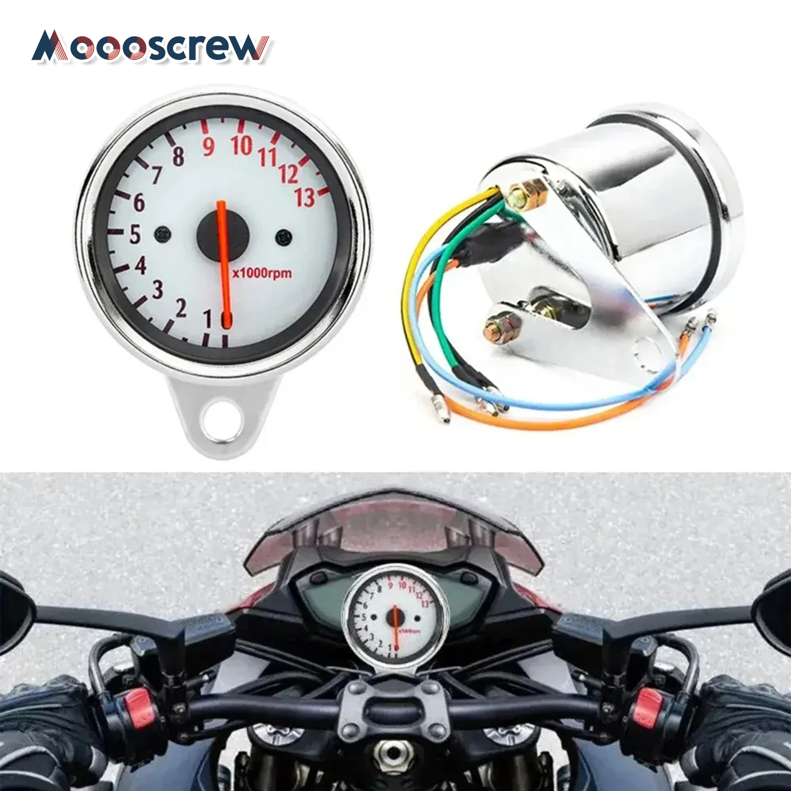 

Universal Motorcycle Analog Tachometer, 13K 16K RPM White Dial Retro Style Gauge for Cafe Racer Custom Bike Upgrade
