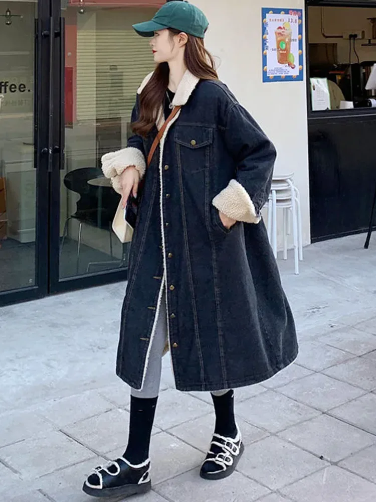 Winter Warm Thicken Lapel Neck Denim Jackets Korean Design Lamb Wool Lined Long Cowboy Abrigos Women Loose Single Breasted Coats - Image 6